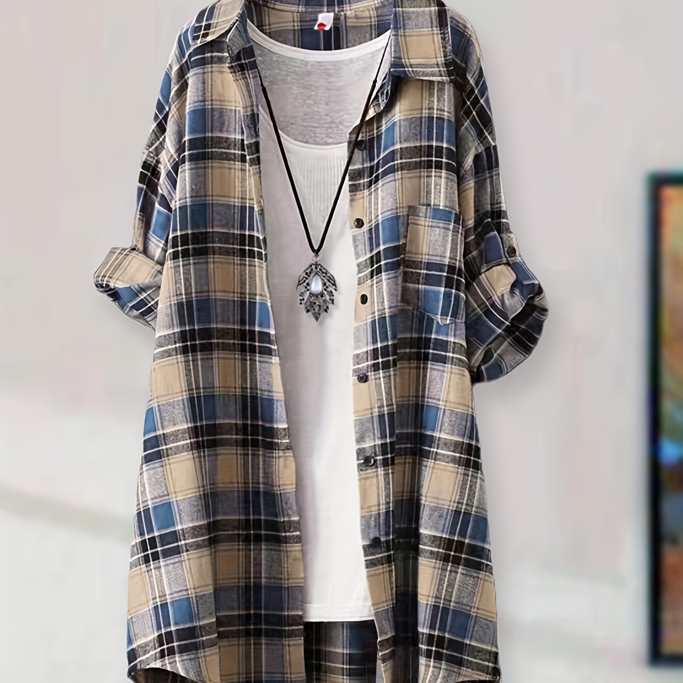 Versatile Green & Beige Plaid Mid-Length Shirt