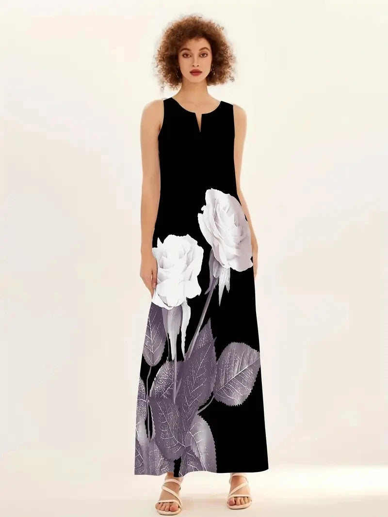 Women's Sleeveless V-neck Printed Sexy Long Dress