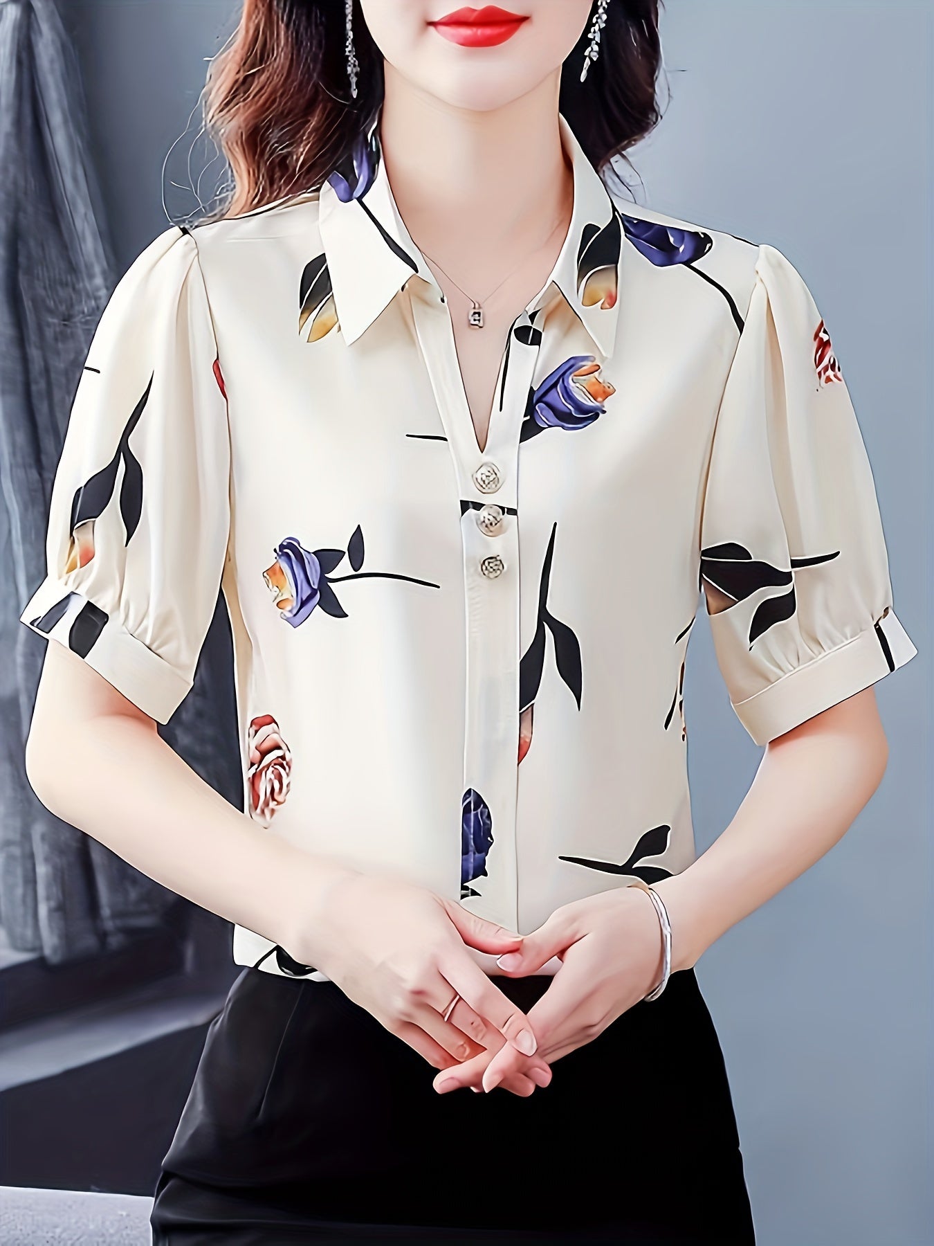 Floral Print Button Decor Shirt