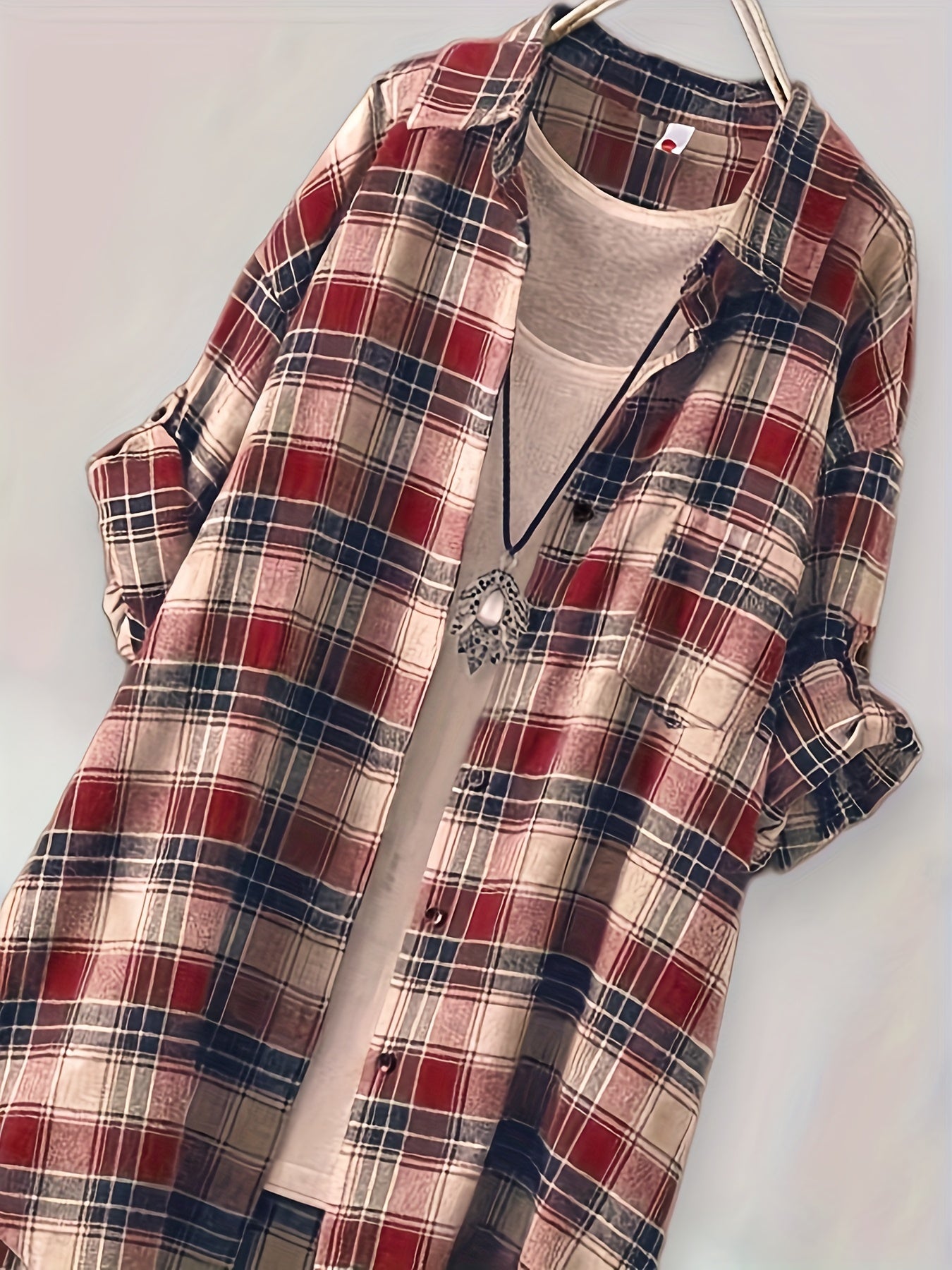 Versatile Green & Beige Plaid Mid-Length Shirt