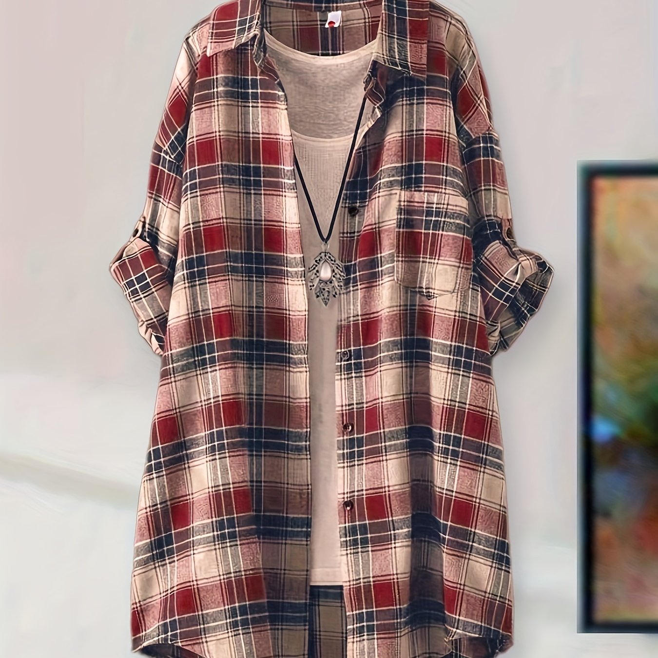 Versatile Green & Beige Plaid Mid-Length Shirt