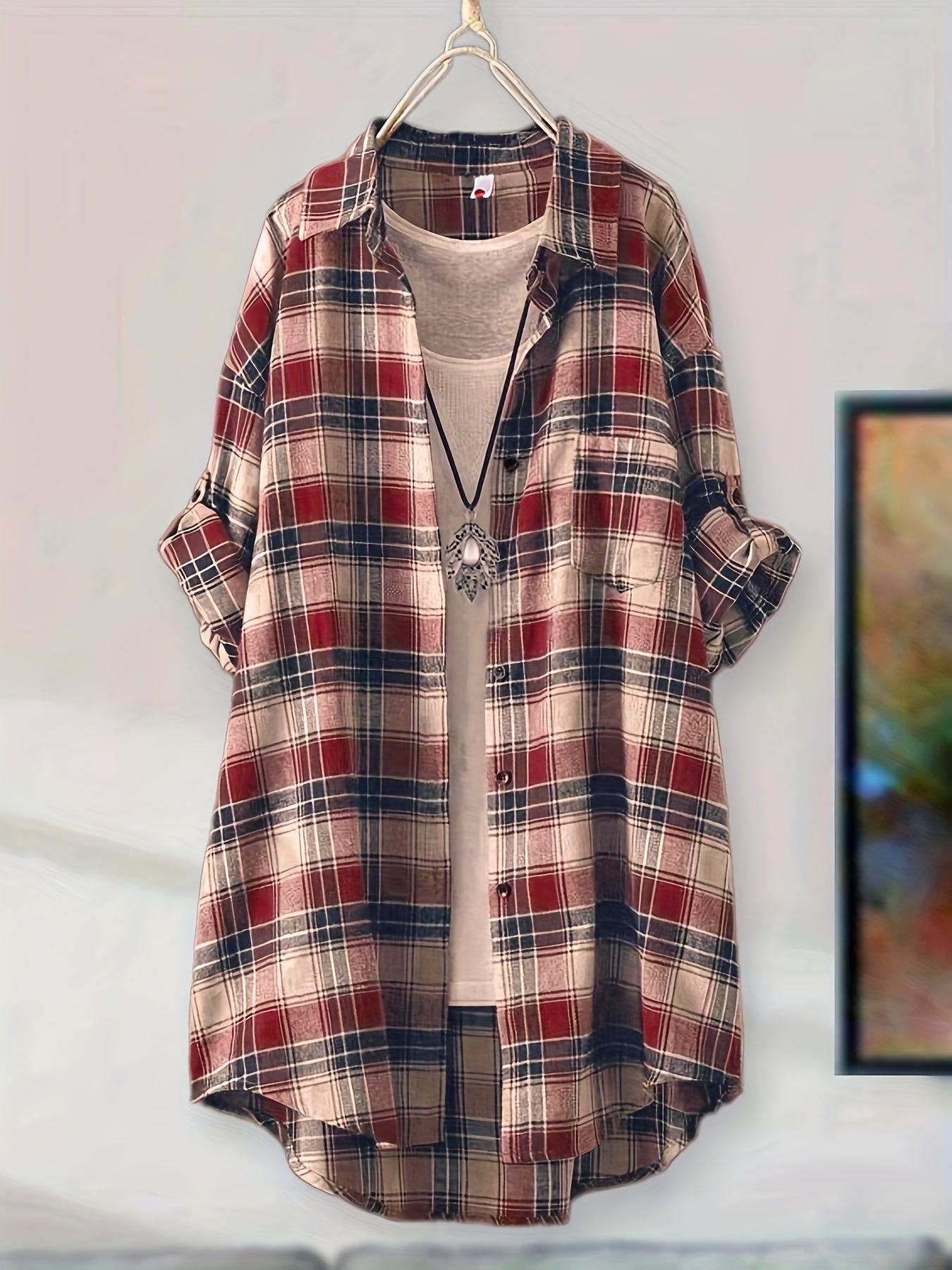 Versatile Green & Beige Plaid Mid-Length Shirt