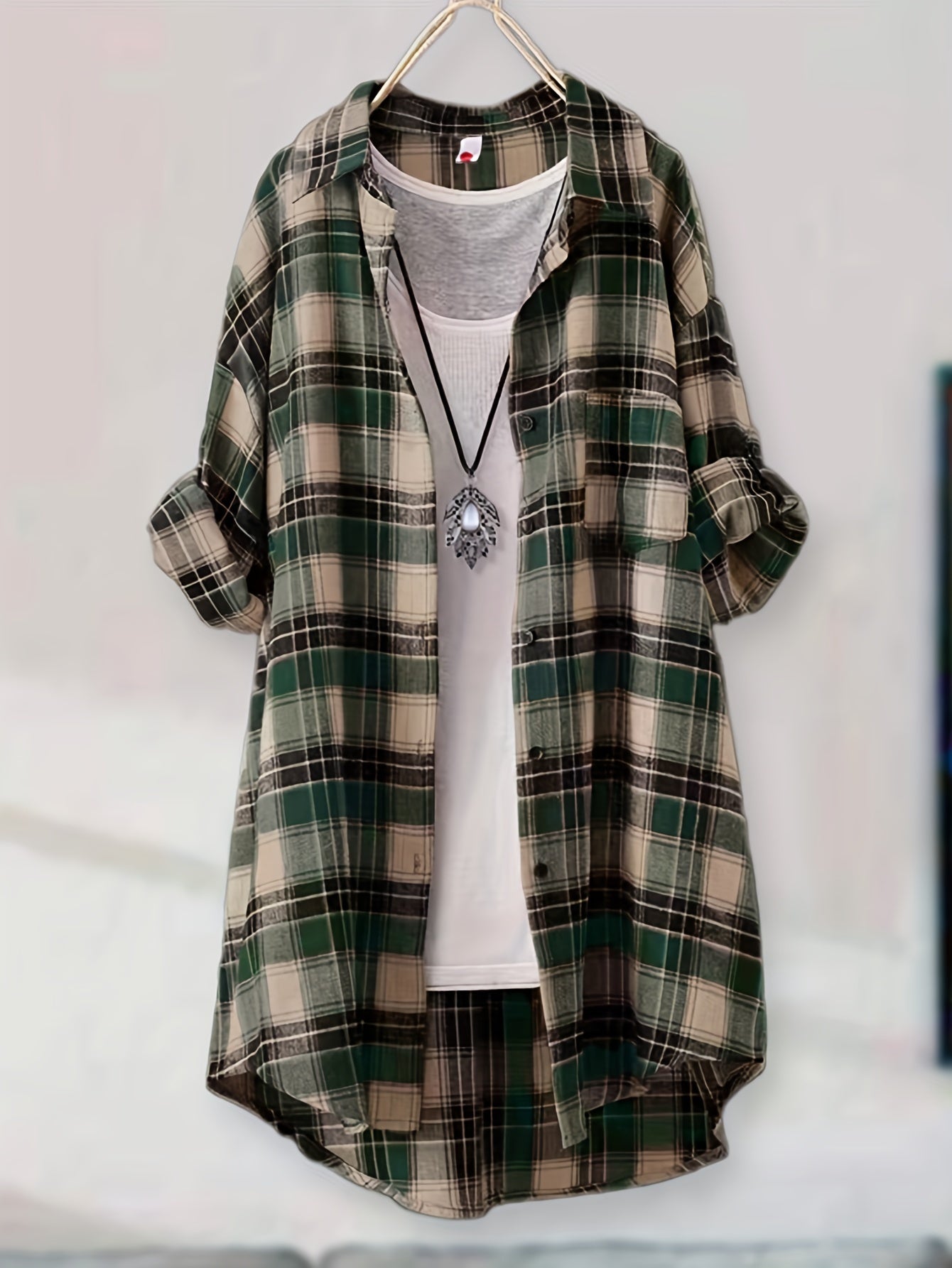 Versatile Green & Beige Plaid Mid-Length Shirt