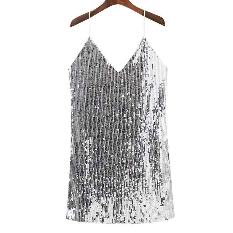 Deep V Neck Autumn Silver  Backless Sexy Dress