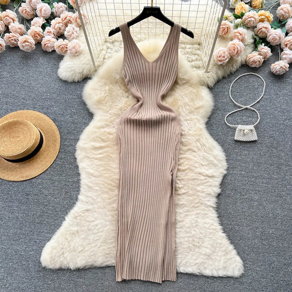 V Neck Solid Ribben Knitted Dress
