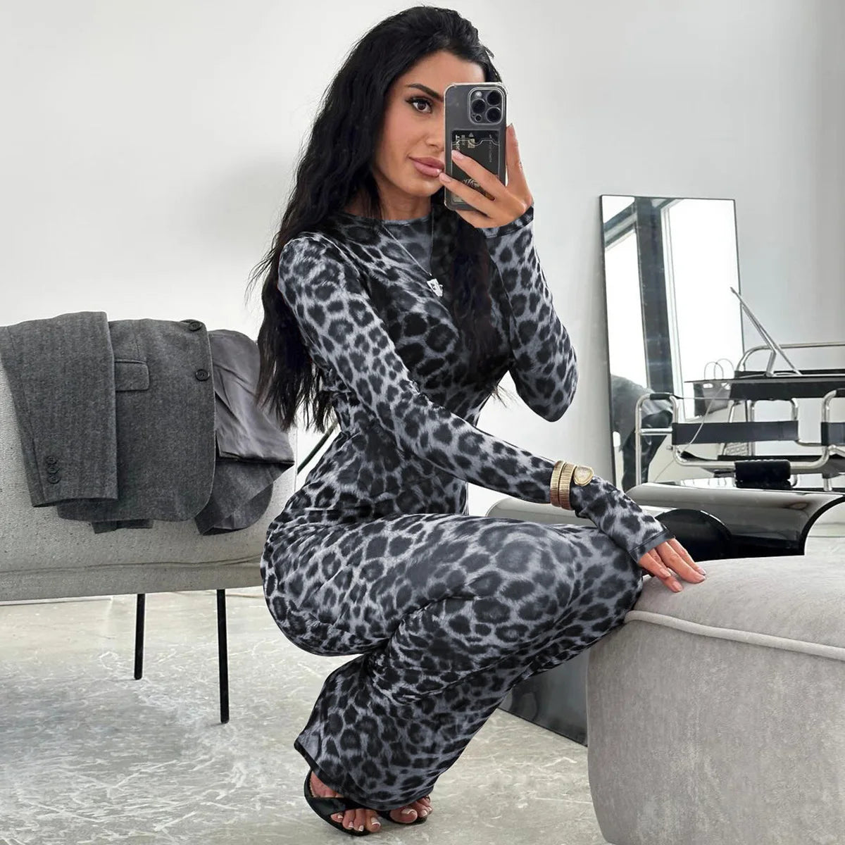 Leopard Print Mesh Long Sleeve Sexy Dress