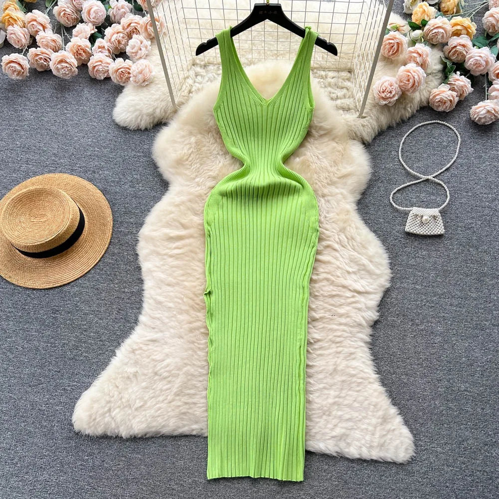 V Neck Solid Ribben Knitted Dress