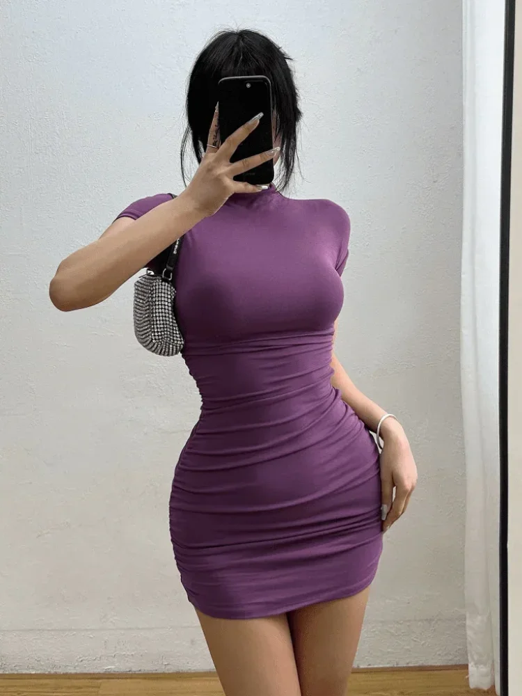 Sexy Tight Half High Collar Pleated Waist Mini Dress
