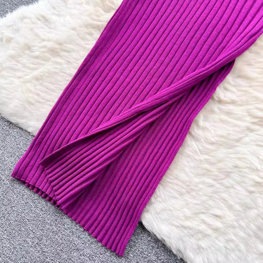 V Neck Solid Ribben Knitted Dress