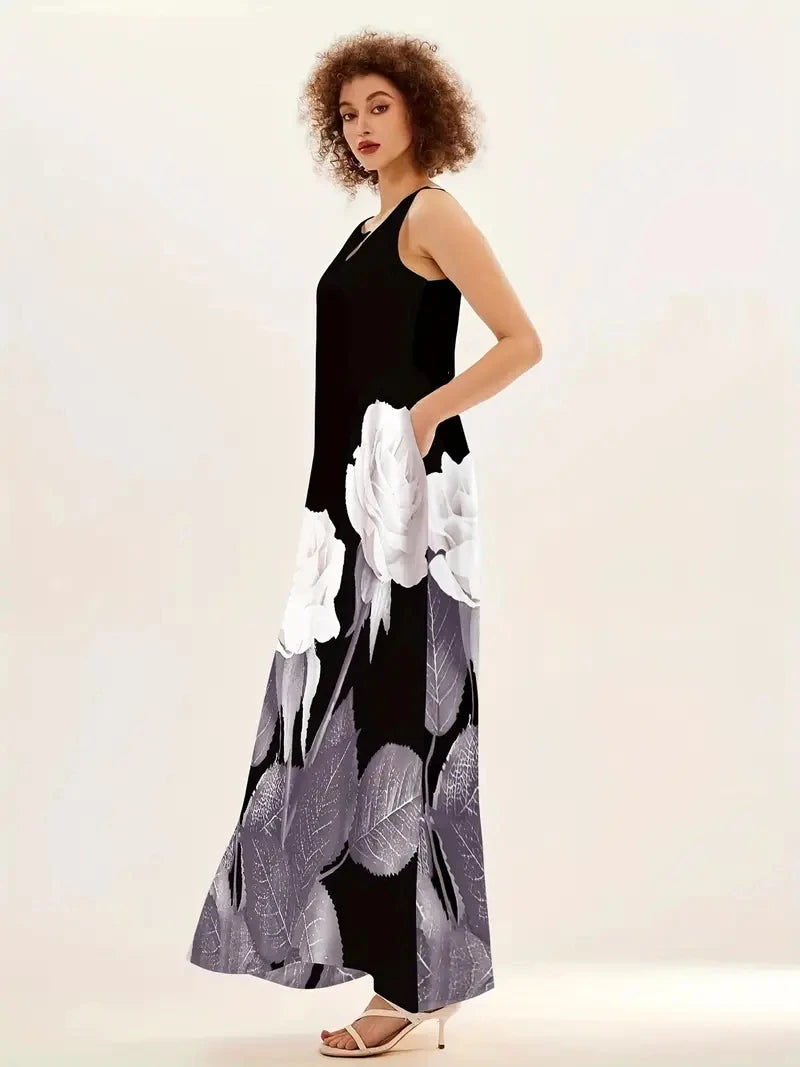 Women's Sleeveless V-neck Printed Sexy Long Dress