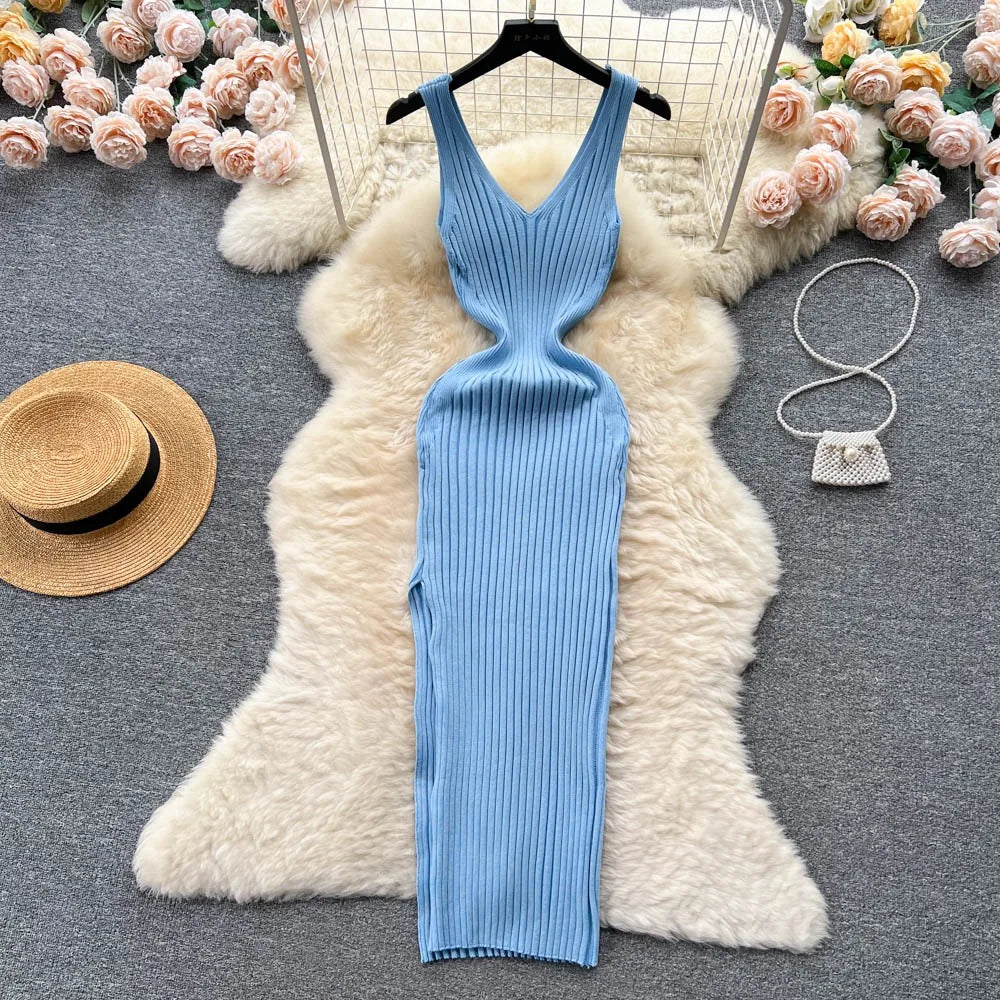 V Neck Solid Ribben Knitted Dress