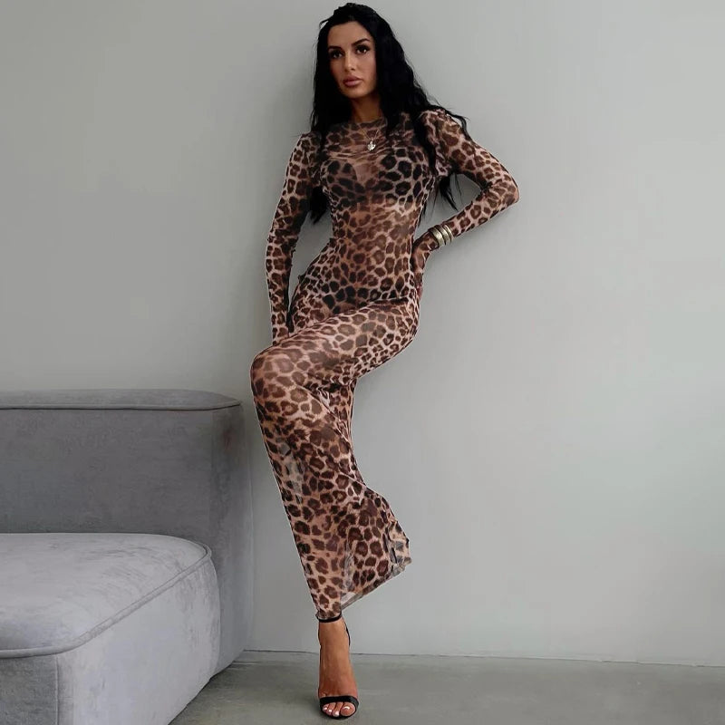 Leopard Print Mesh Long Sleeve Sexy Dress