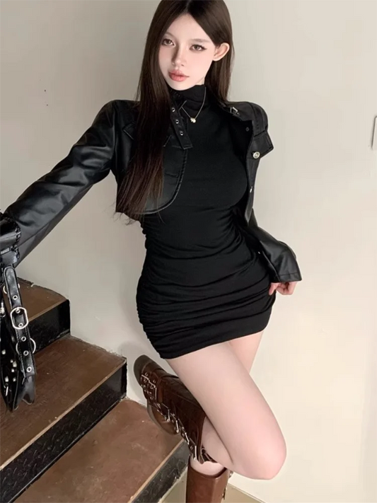 Sexy Tight Half High Collar Pleated Waist Mini Dress