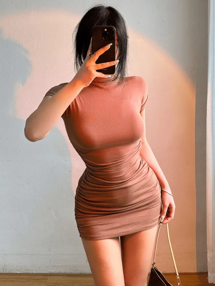 Sexy Tight Half High Collar Pleated Waist Mini Dress
