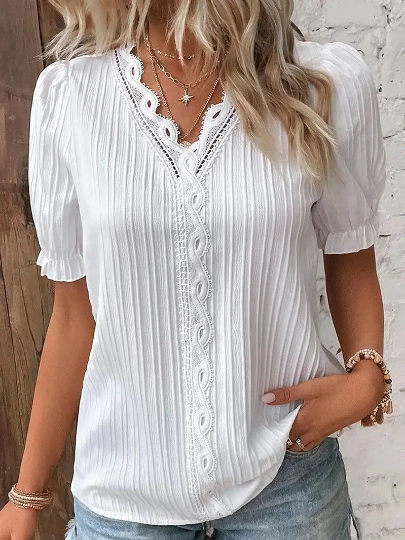 Solid Sexy V-Neck Hollow Short Sleeve Top