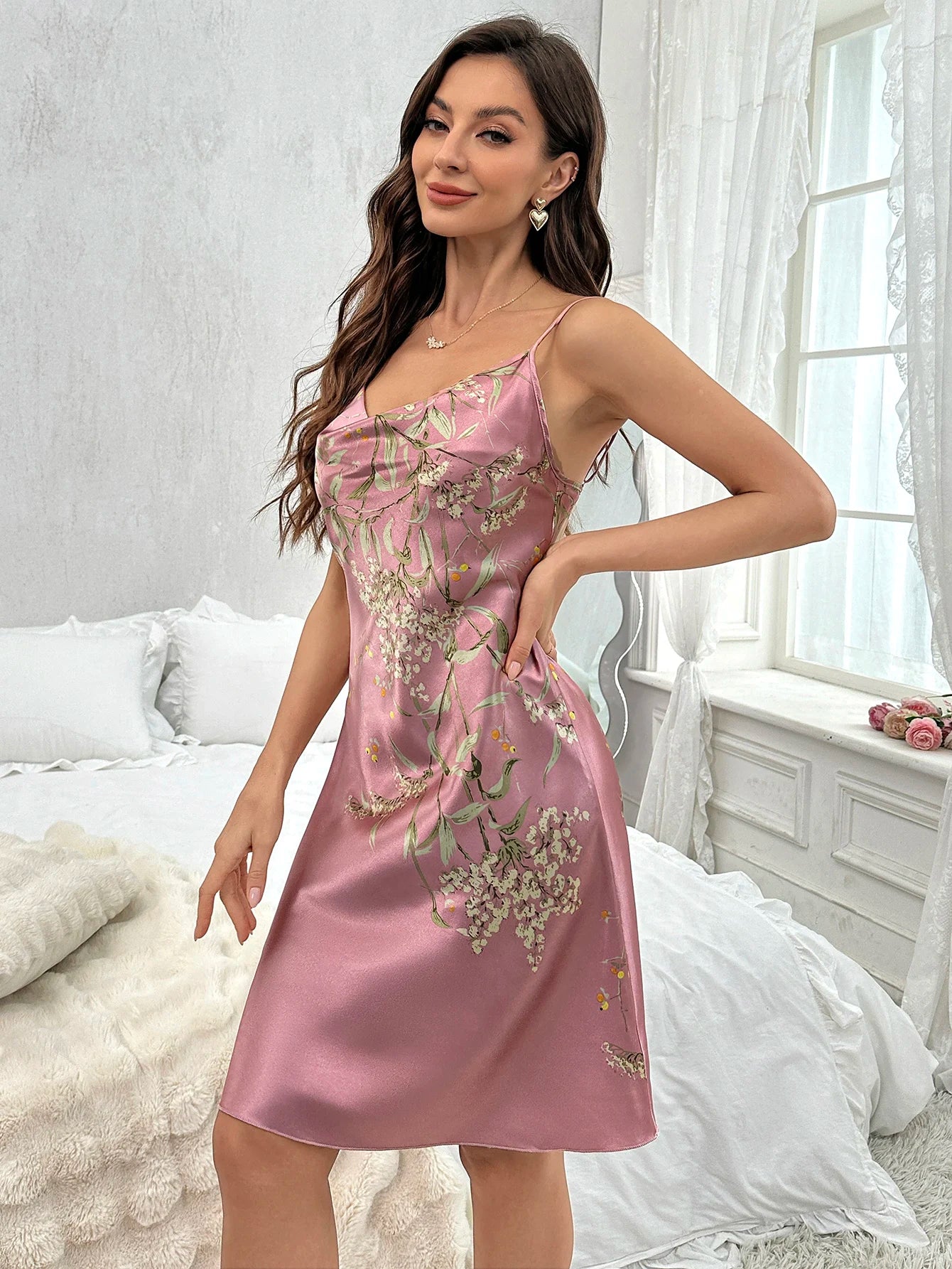 Floral Print Nightdress  Sexy V Neck