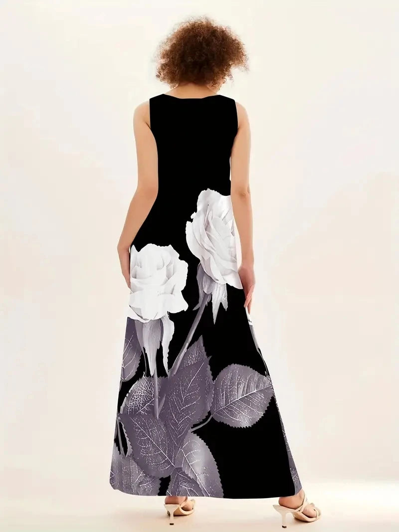 Women's Sleeveless V-neck Printed Sexy Long Dress