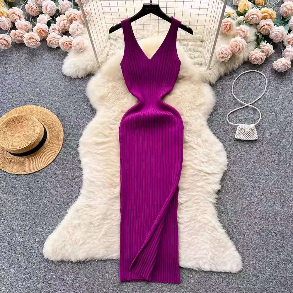 V Neck Solid Ribben Knitted Dress