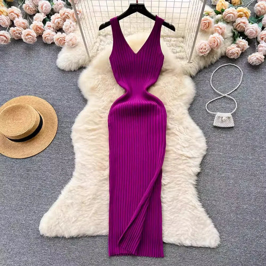 V Neck Solid Ribben Knitted Dress