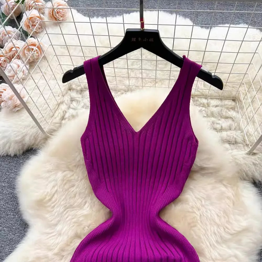 V Neck Solid Ribben Knitted Dress