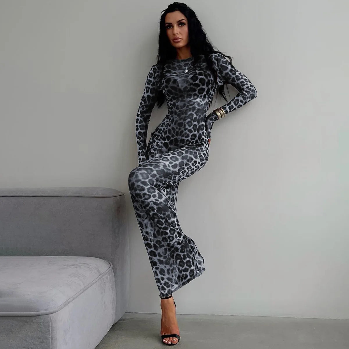 Leopard Print Mesh Long Sleeve Sexy Dress