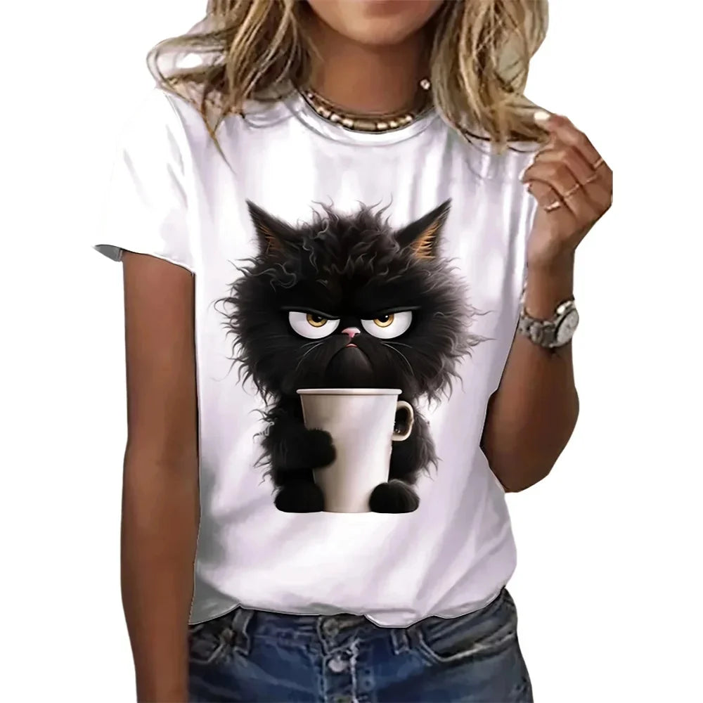 Cat Women r White Print T-shirt Girl Casual Short Sleeve
