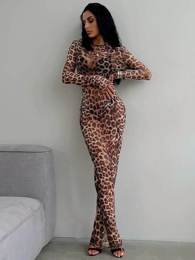 Leopard Print Mesh Long Sleeve Sexy Dress