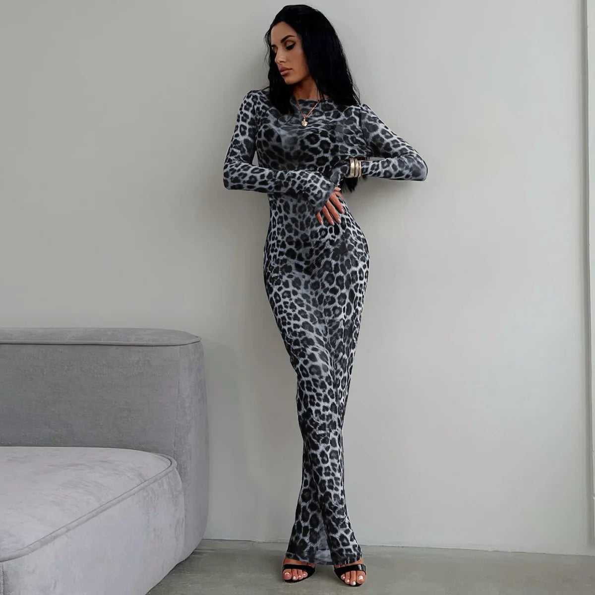 Leopard Print Mesh Long Sleeve Sexy Dress