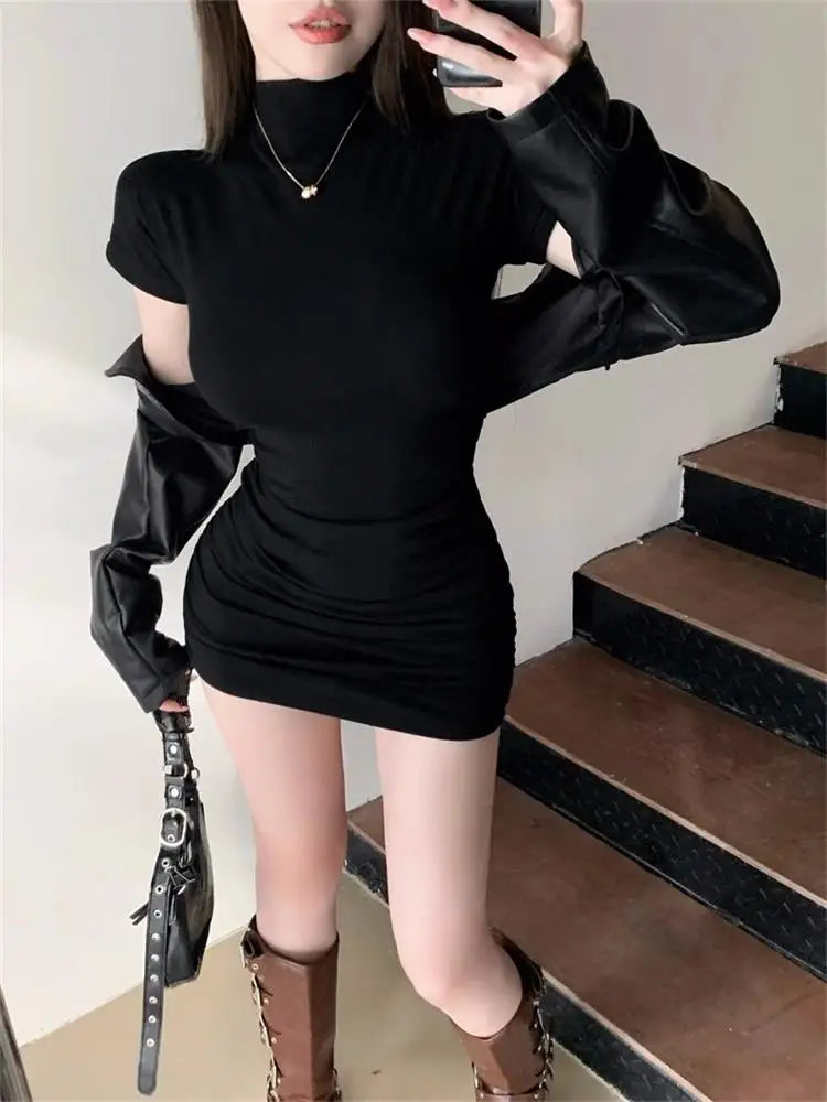 Sexy Tight Half High Collar Pleated Waist Mini Dress