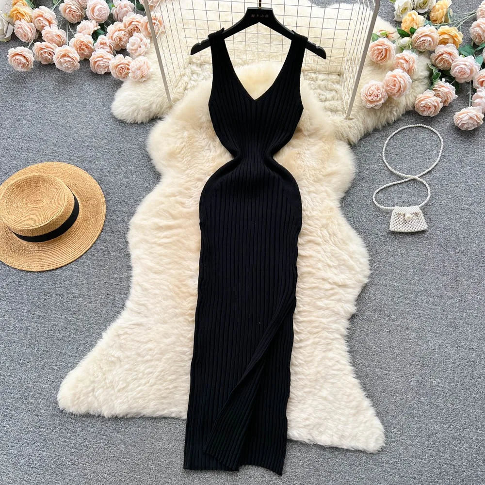 V Neck Solid Ribben Knitted Dress