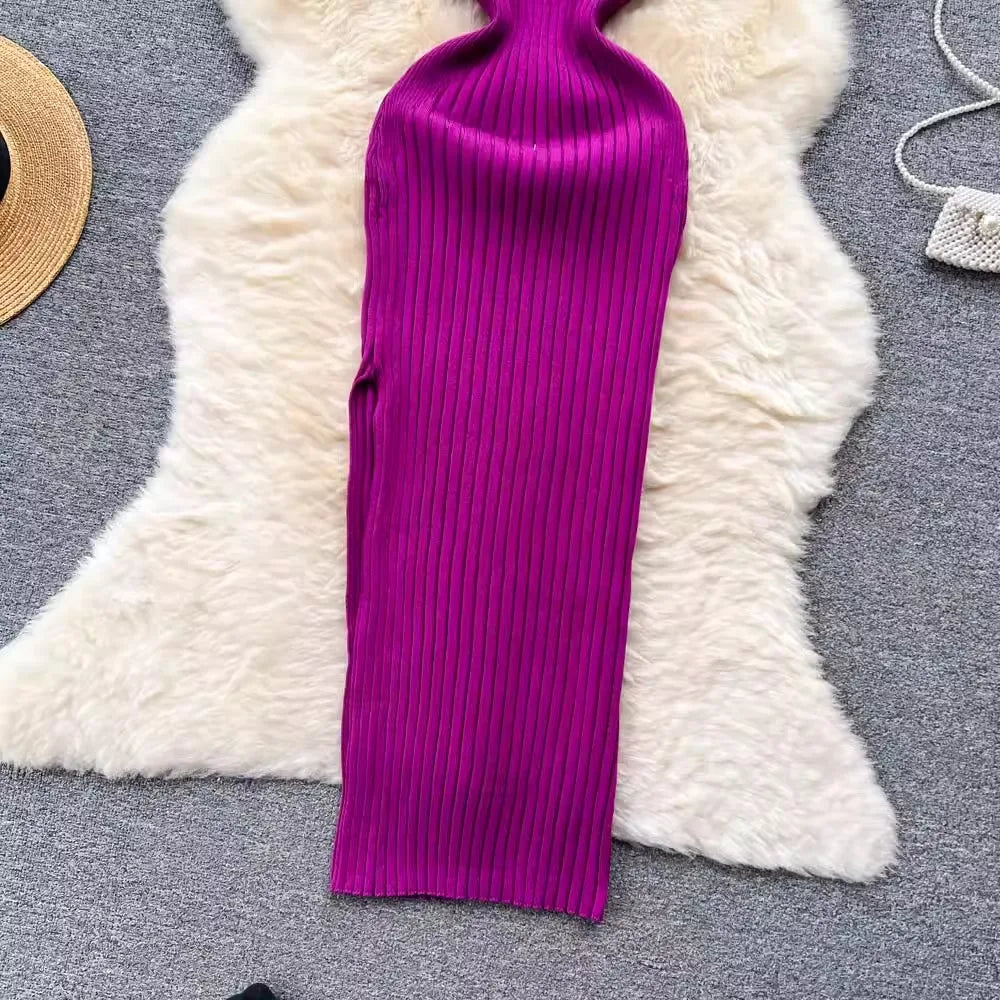 V Neck Solid Ribben Knitted Dress