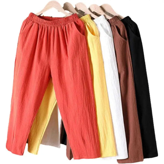 Women Summer Casual Loose  Elastic Waist Cotton Linen Pants