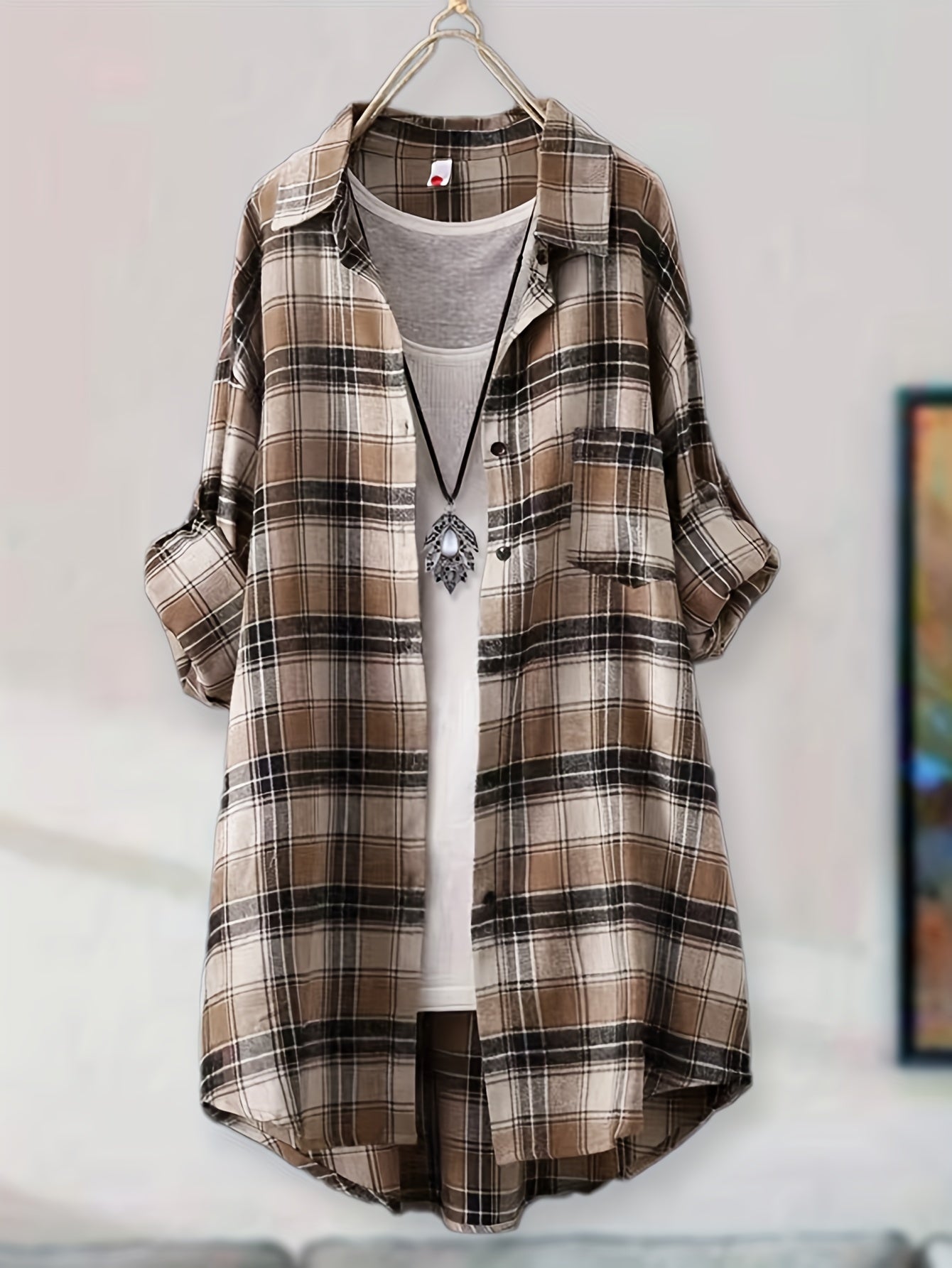 Versatile Green & Beige Plaid Mid-Length Shirt