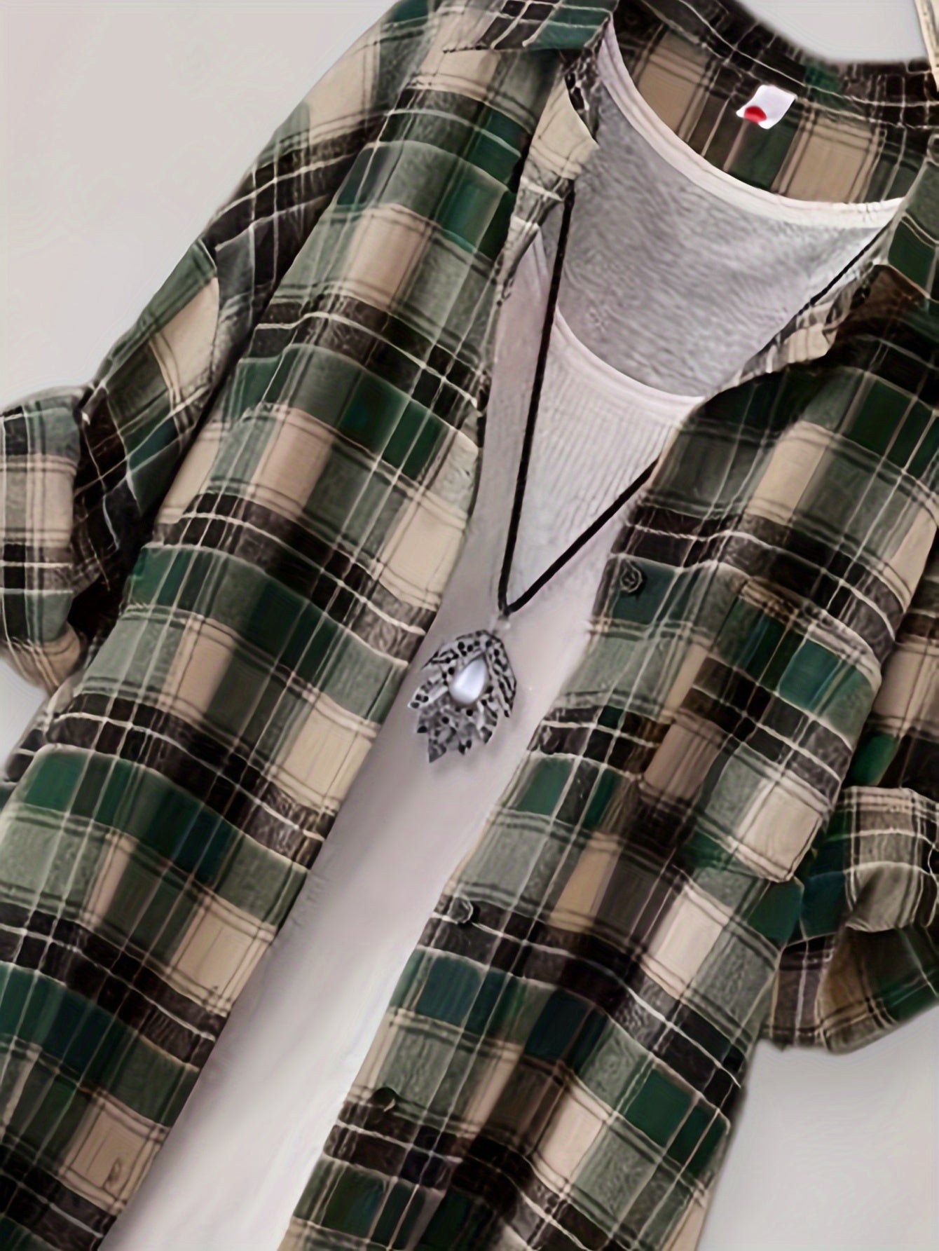 Versatile Green & Beige Plaid Mid-Length Shirt