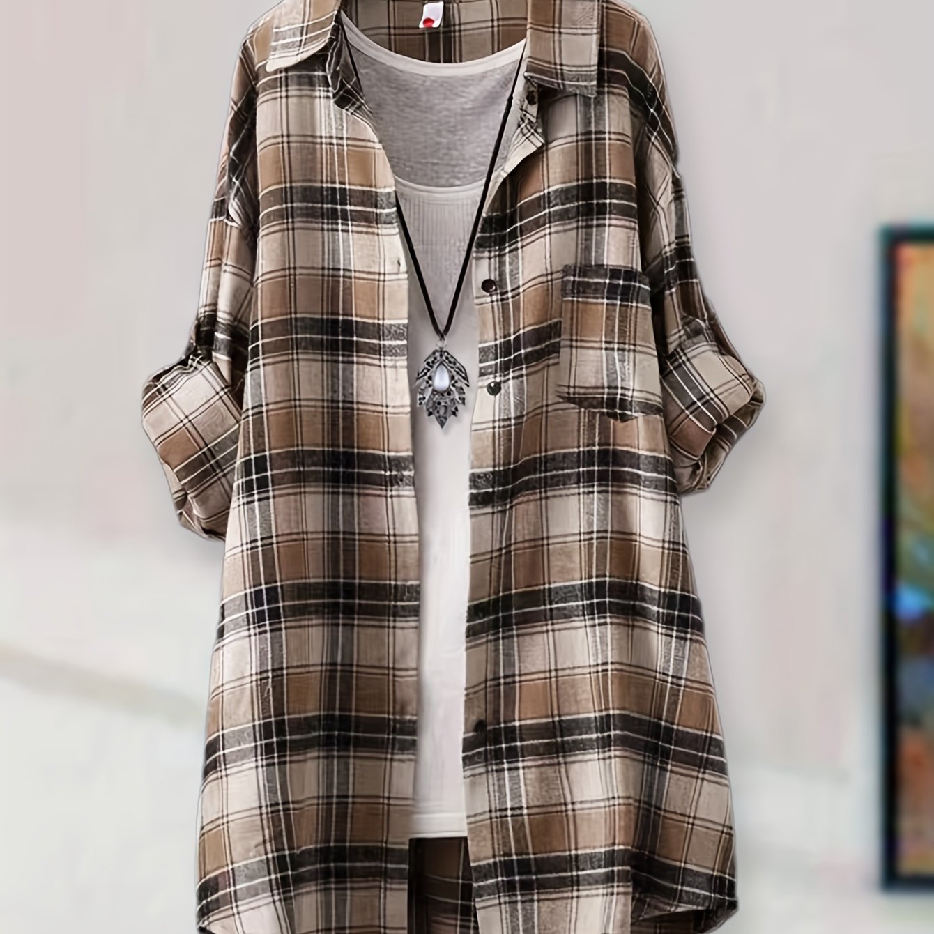 Versatile Green & Beige Plaid Mid-Length Shirt