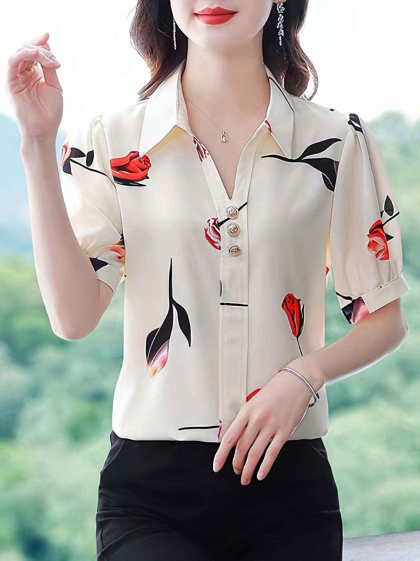 Floral Print Button Decor Shirt