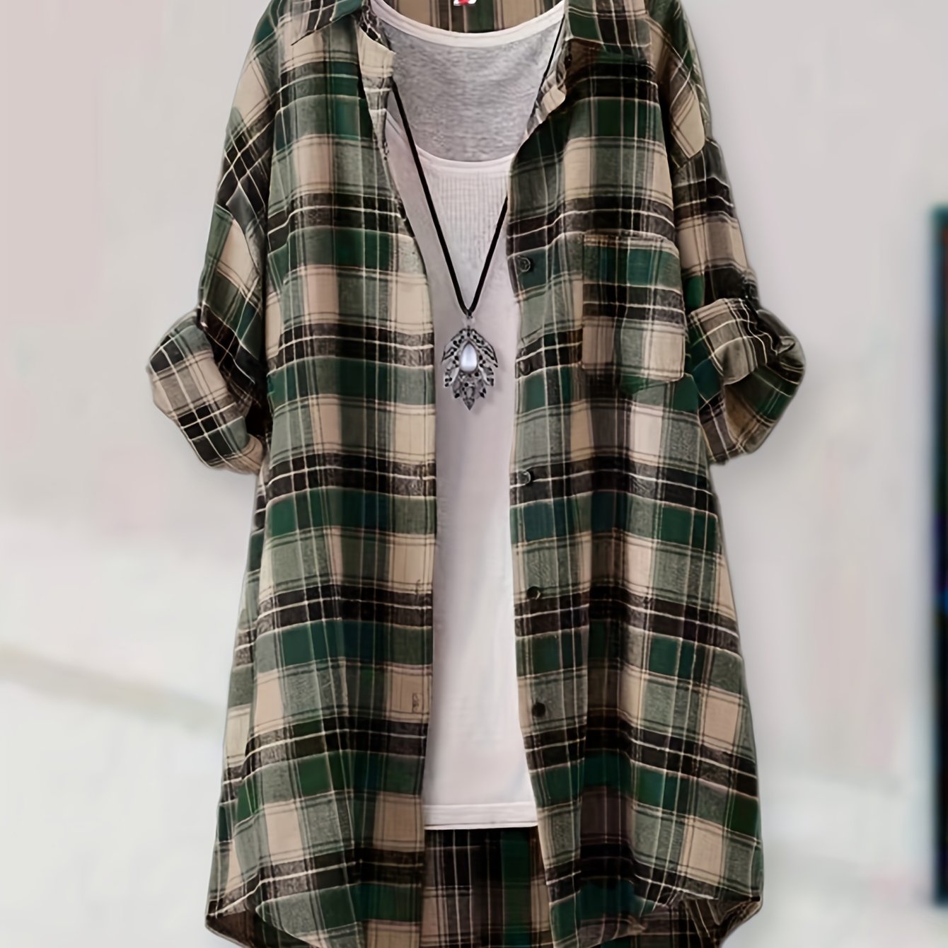 Versatile Green & Beige Plaid Mid-Length Shirt