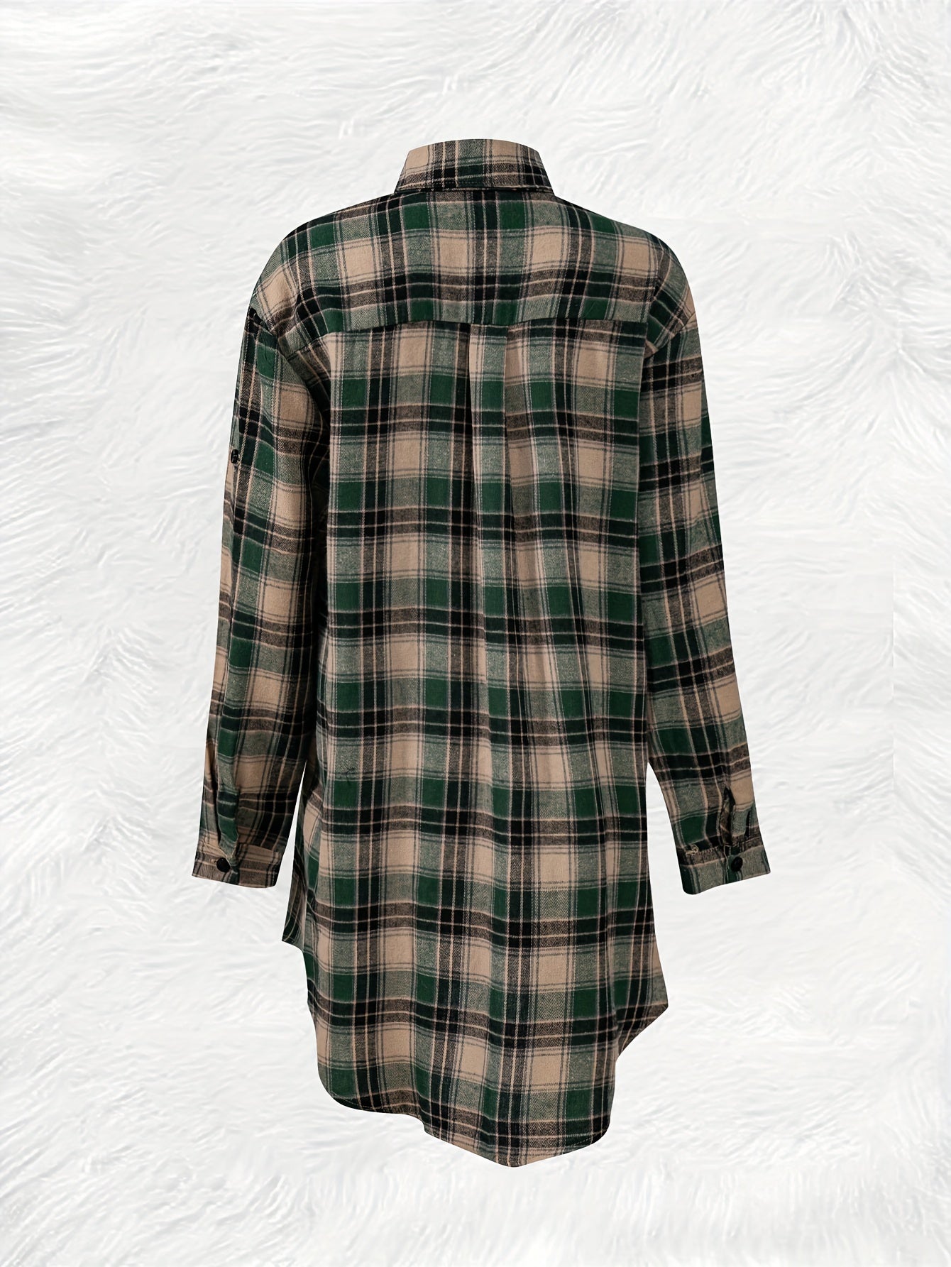 Versatile Green & Beige Plaid Mid-Length Shirt