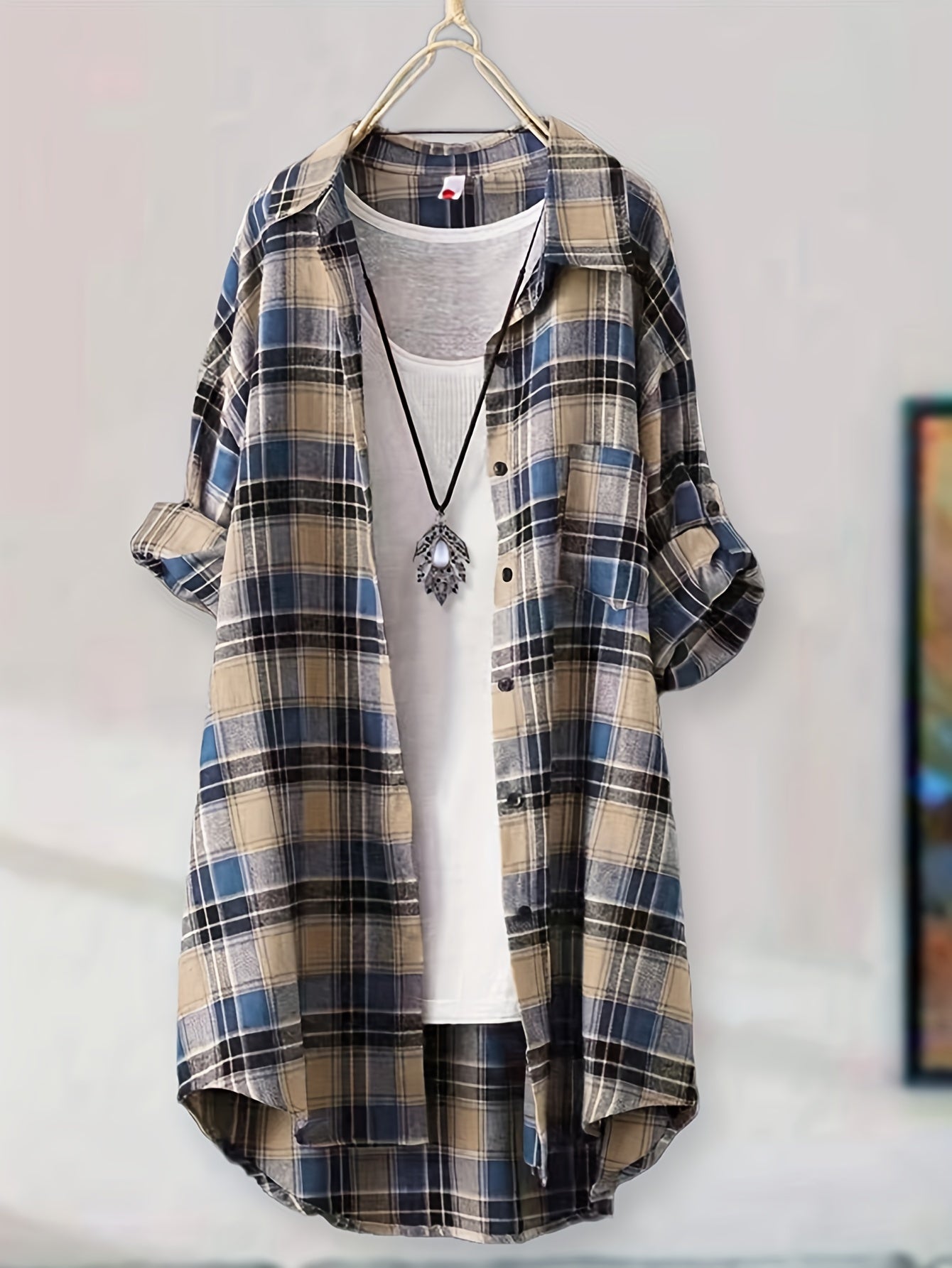 Versatile Green & Beige Plaid Mid-Length Shirt